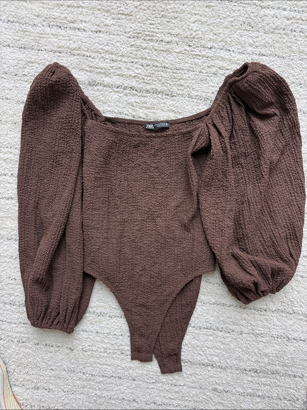 Zara Brown Puff-Sleeve Textured Bodysuit
